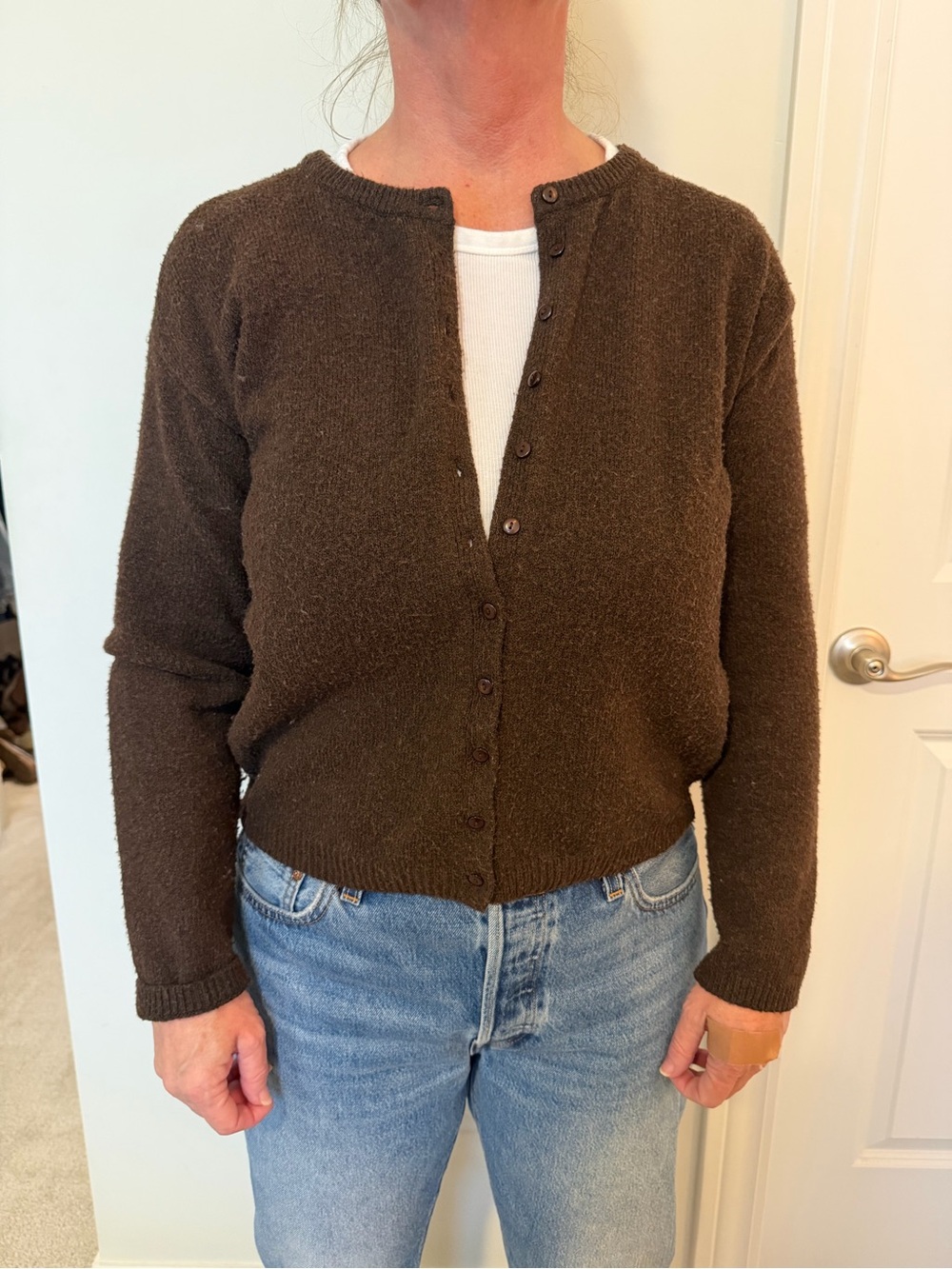 RD Style Women's Dark Brown Button-Up Crewneck Cardigan